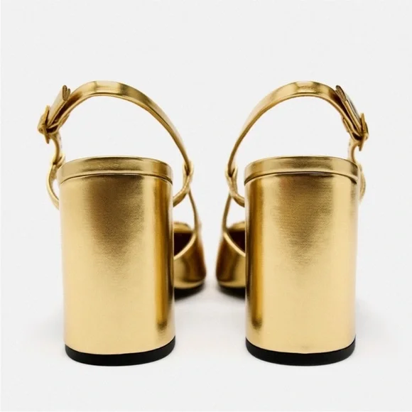 ZARA Embellished Block Heel Slingback Shoes Gold - Picture 4 of 15